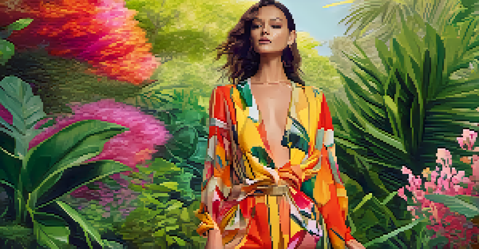 A digital illustration of a model wearing eco-friendly fashion in a natural setting, emphasizing sustainable materials and vibrant colors.