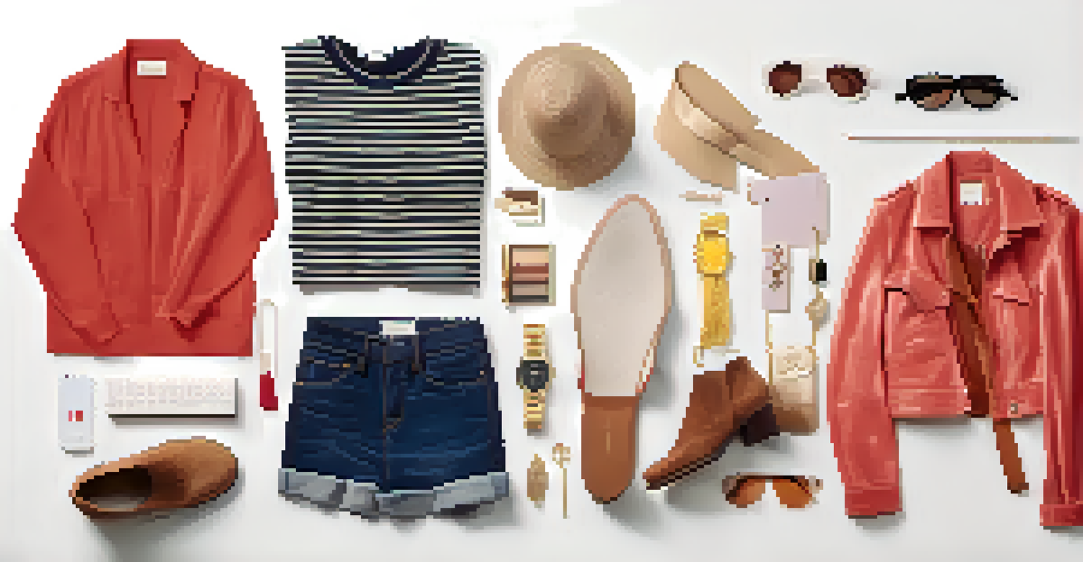 A flat lay of stylish outfits and accessories created by followers of a fashion brand, arranged on a clean white background.
