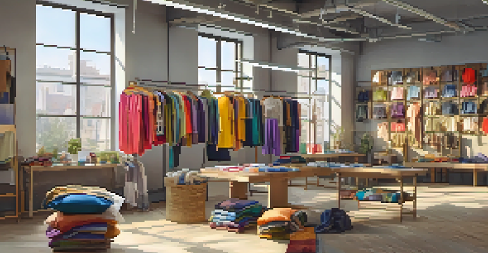 A fashion studio filled with colorful clothing made from recycled fabrics, illuminated by natural light from large windows.