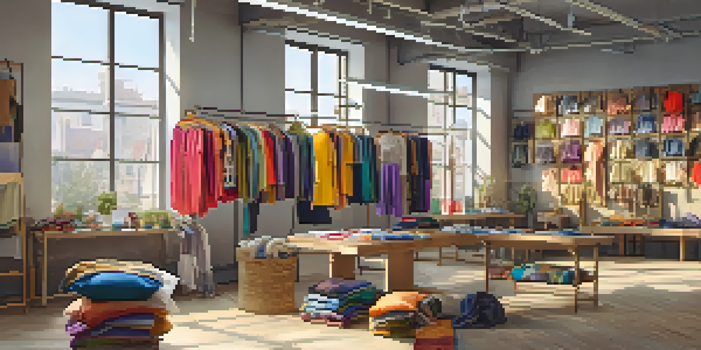 A fashion studio filled with colorful clothing made from recycled fabrics, illuminated by natural light from large windows.