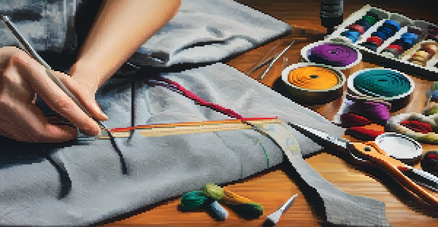A close-up view of a fashion designer's hands sewing natural fabrics in a well-lit workspace.