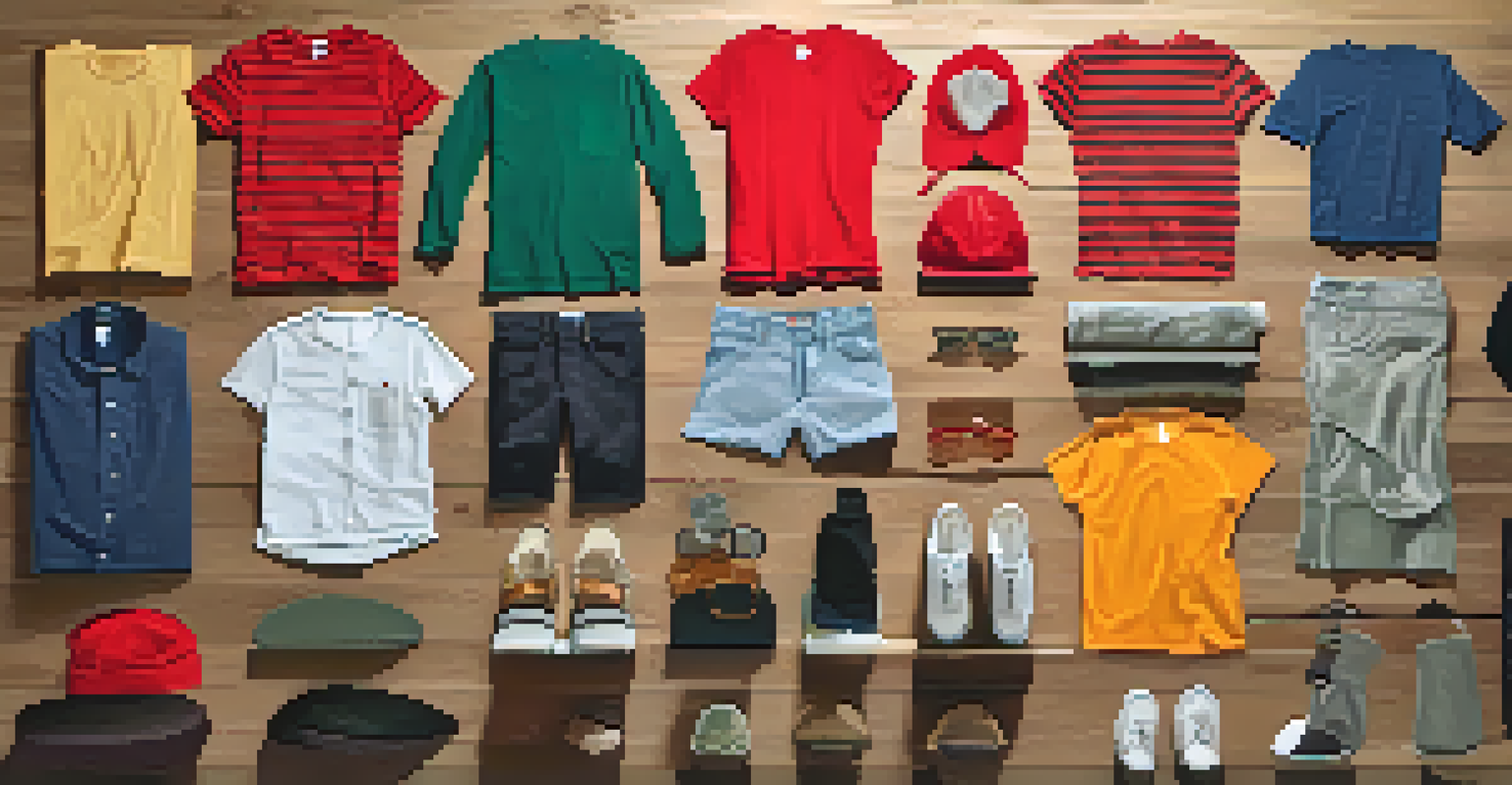 A flat lay arrangement of unisex clothing items on a wooden surface, featuring vibrant t-shirts, tailored pants, and accessories, illuminated by natural light.