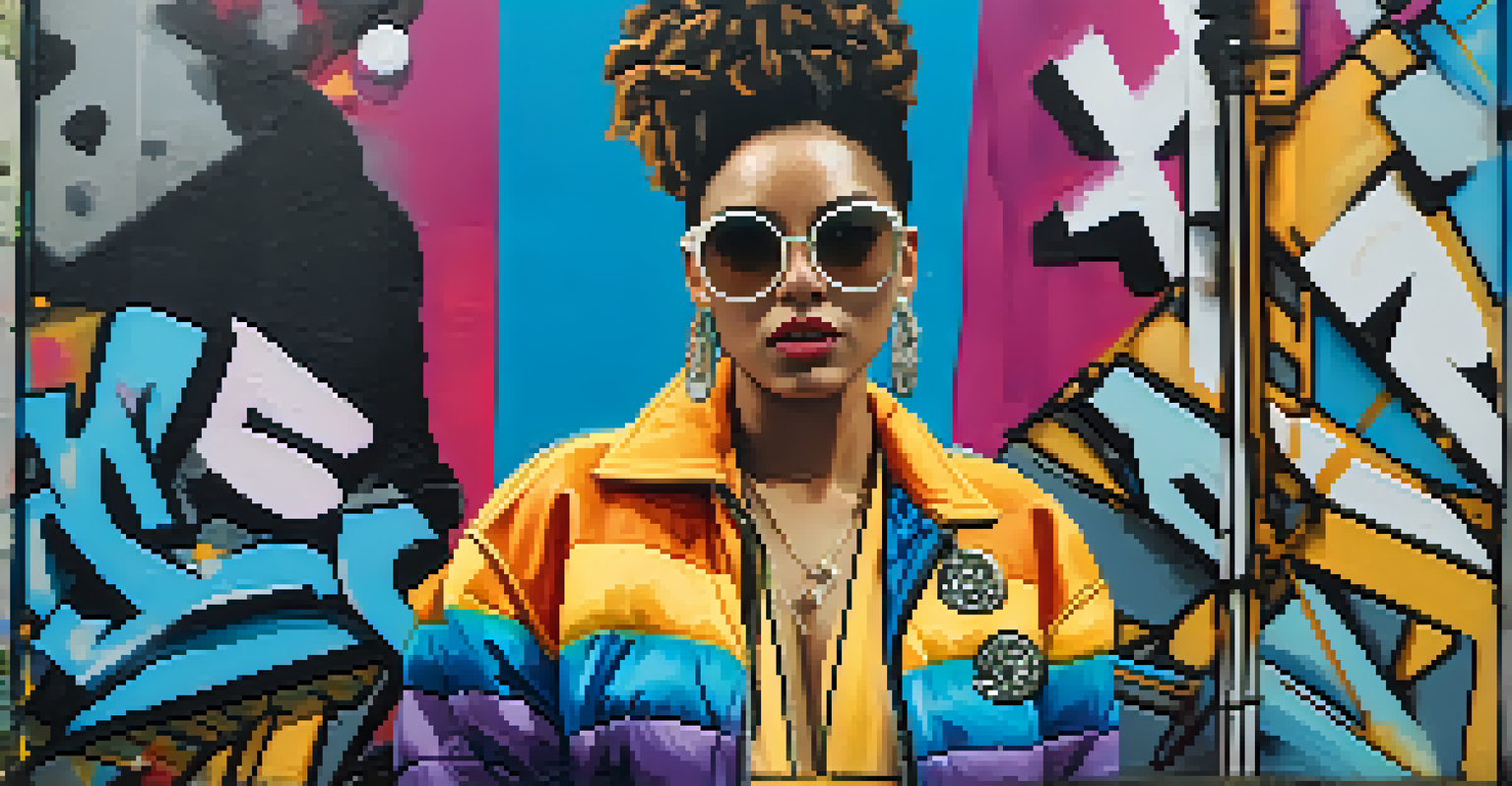 A portrait of a person in a bold gender-fluid outfit against an urban graffiti backdrop.