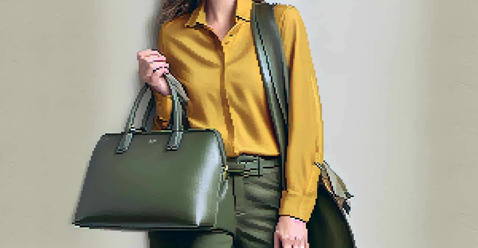 A close-up of an outfit with mustard yellow blouse and olive green pants, complemented by a patterned scarf and statement bag against a neutral background.