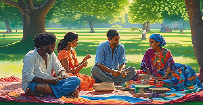 A group of artisans from various cultural backgrounds work together on textile designs in a sunlit park surrounded by greenery.