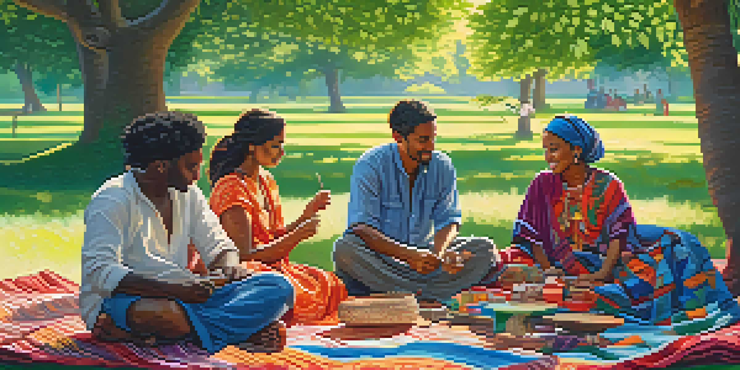 A group of artisans from various cultural backgrounds work together on textile designs in a sunlit park surrounded by greenery.