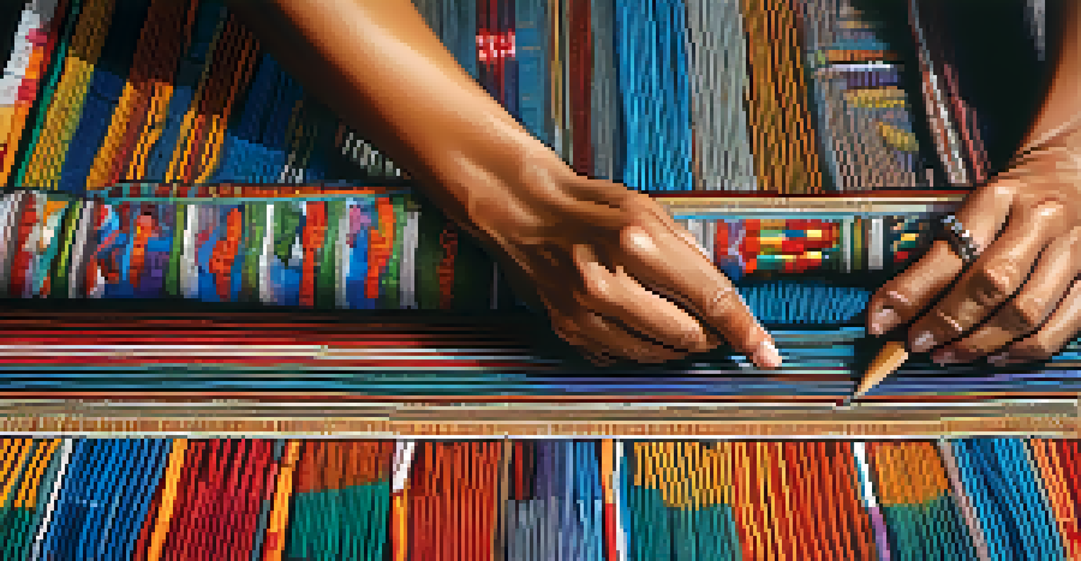 Close-up of an artist's hands weaving a traditional textile, showcasing intricate patterns and vibrant colors, emphasizing cultural craftsmanship.