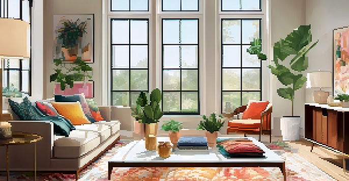 A bright living room with a fashion subscription box open on a coffee table, displaying colorful clothing and accessories.
