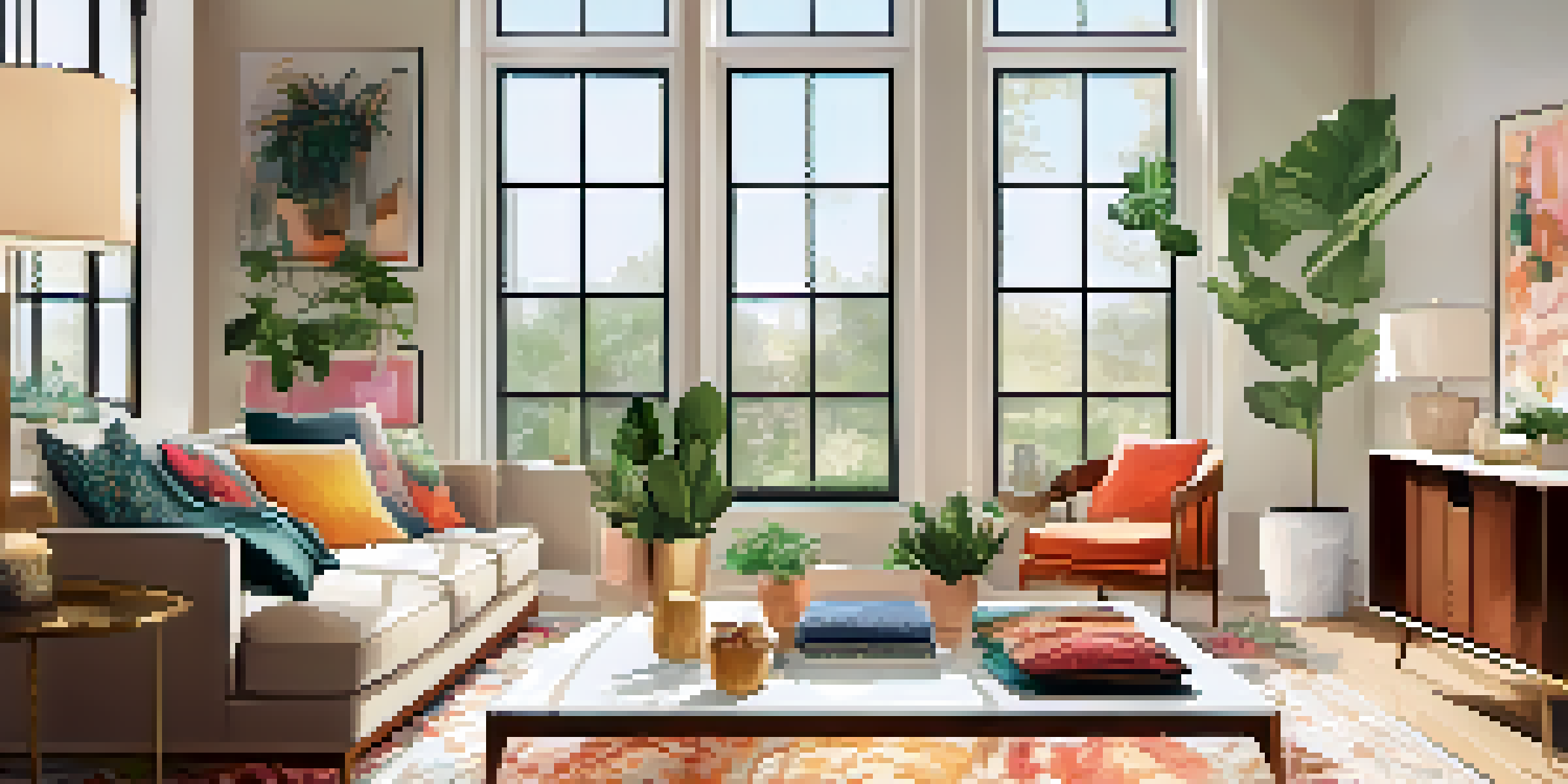 A bright living room with a fashion subscription box open on a coffee table, displaying colorful clothing and accessories.