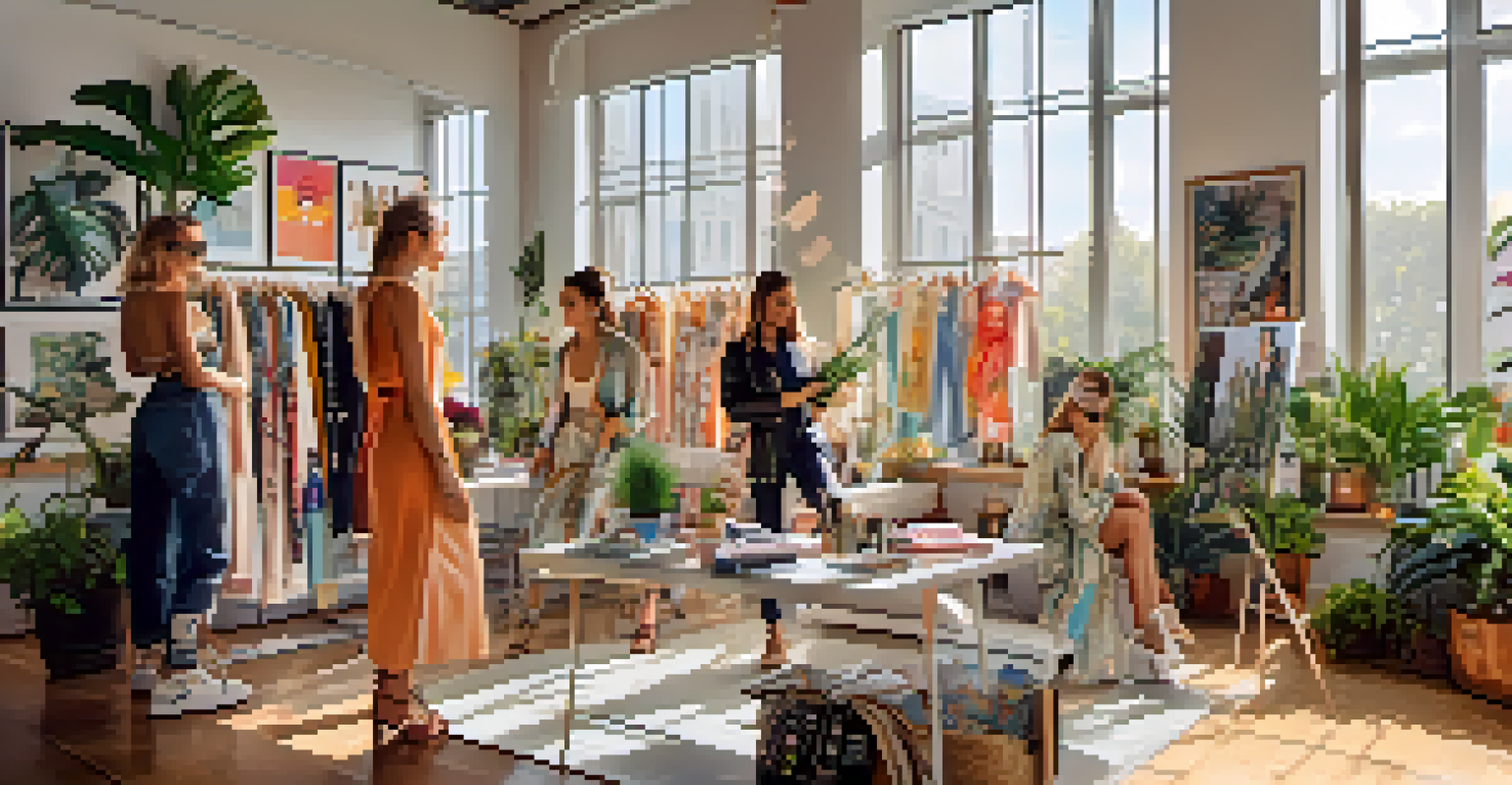 A fashion influencer's studio filled with outfits and accessories, illuminated by natural light, with fashion posters and plants adorning the walls.