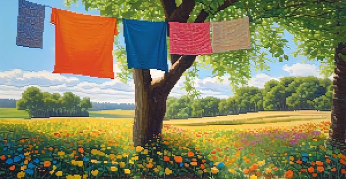 A bright outdoor scene with a field of biodegradable textiles made from cotton and hemp, illuminated by sunlight, with colorful flowers and textured fabrics on a clothesline.