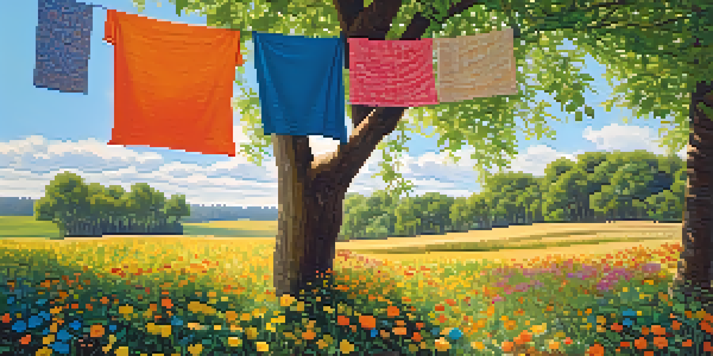 A bright outdoor scene with a field of biodegradable textiles made from cotton and hemp, illuminated by sunlight, with colorful flowers and textured fabrics on a clothesline.