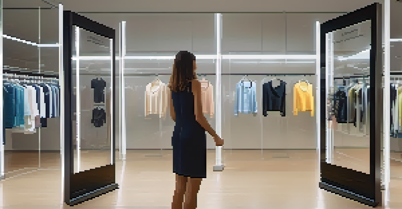 A person experiencing augmented reality shopping, interacting with virtual clothing displayed on a transparent screen.