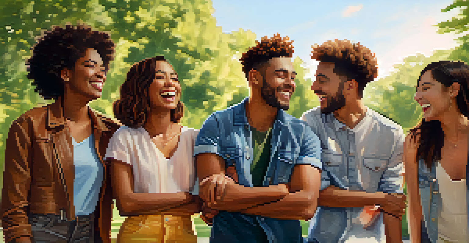 A diverse group of friends enjoying time in the park, wearing trendy casual outfits and laughing together.