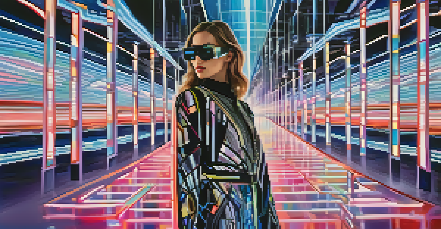 A model in a futuristic outfit stands in a modern environment with digital patterns and abstract shapes in the background.