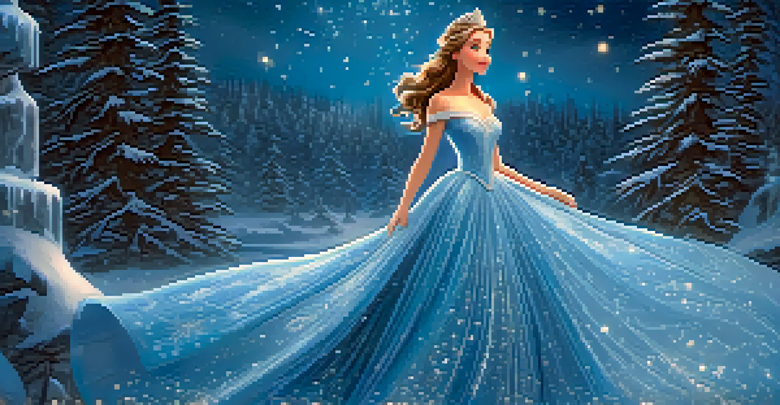 An animated princess in a flowing ice-blue gown surrounded by snowflakes in a winter wonderland.