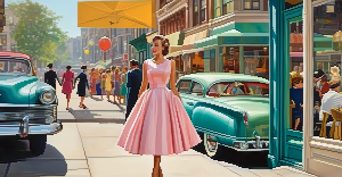 A woman in a 1950s Dior dress with a full skirt stands in a sunny urban setting filled with colorful storefronts and vintage cars.