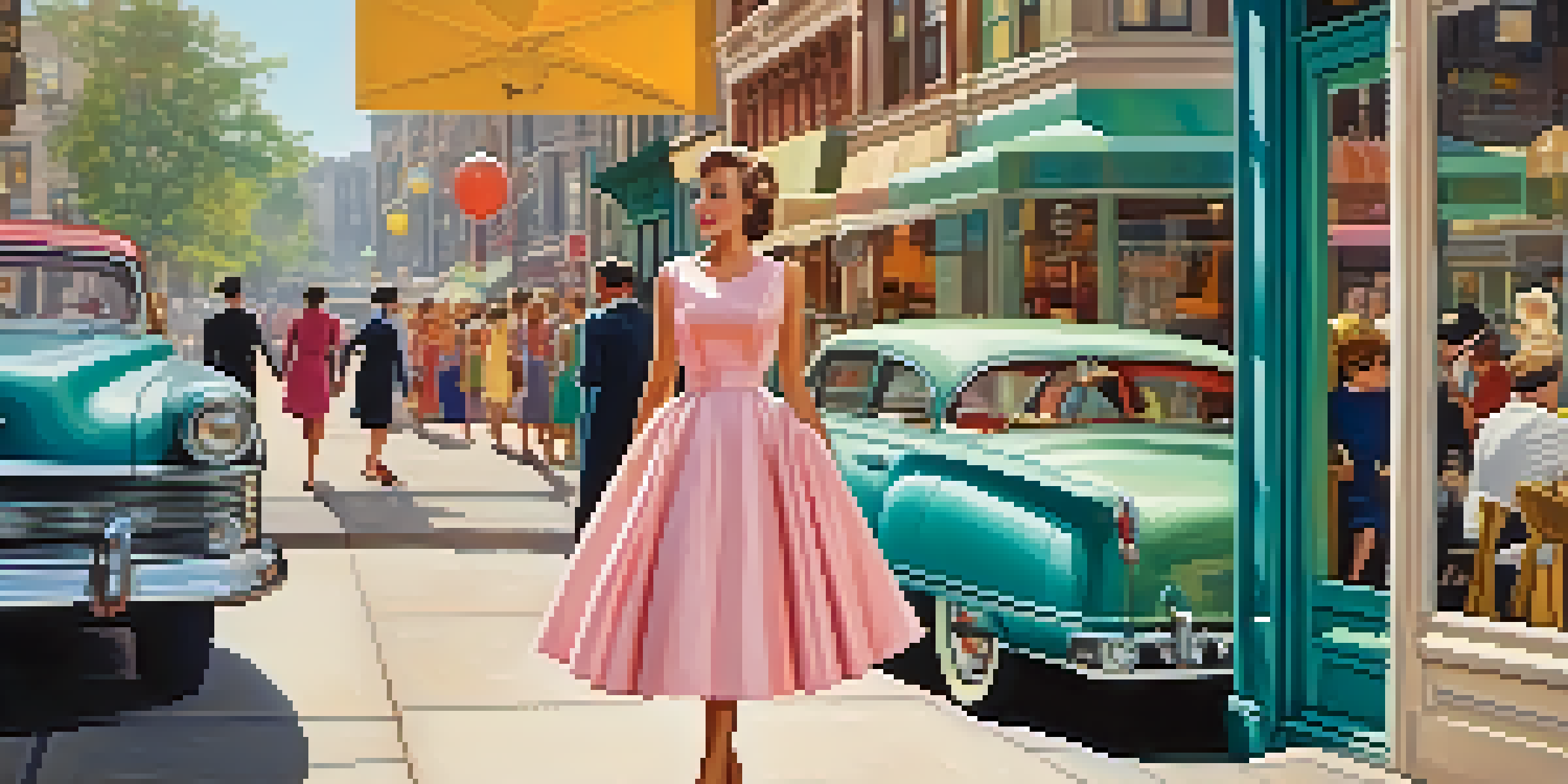 A woman in a 1950s Dior dress with a full skirt stands in a sunny urban setting filled with colorful storefronts and vintage cars.