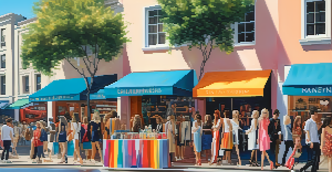 A lively street scene with a fashion pop-up shop displaying celebrity collaborations, colorful banners, and enthusiastic shoppers.