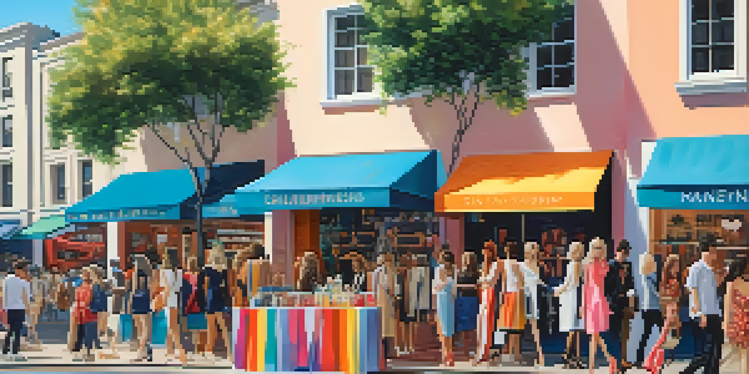 A lively street scene with a fashion pop-up shop displaying celebrity collaborations, colorful banners, and enthusiastic shoppers.