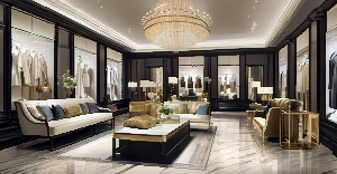 A high-end boutique interior with elegant decor, warm lighting, and stylish fashion displays.