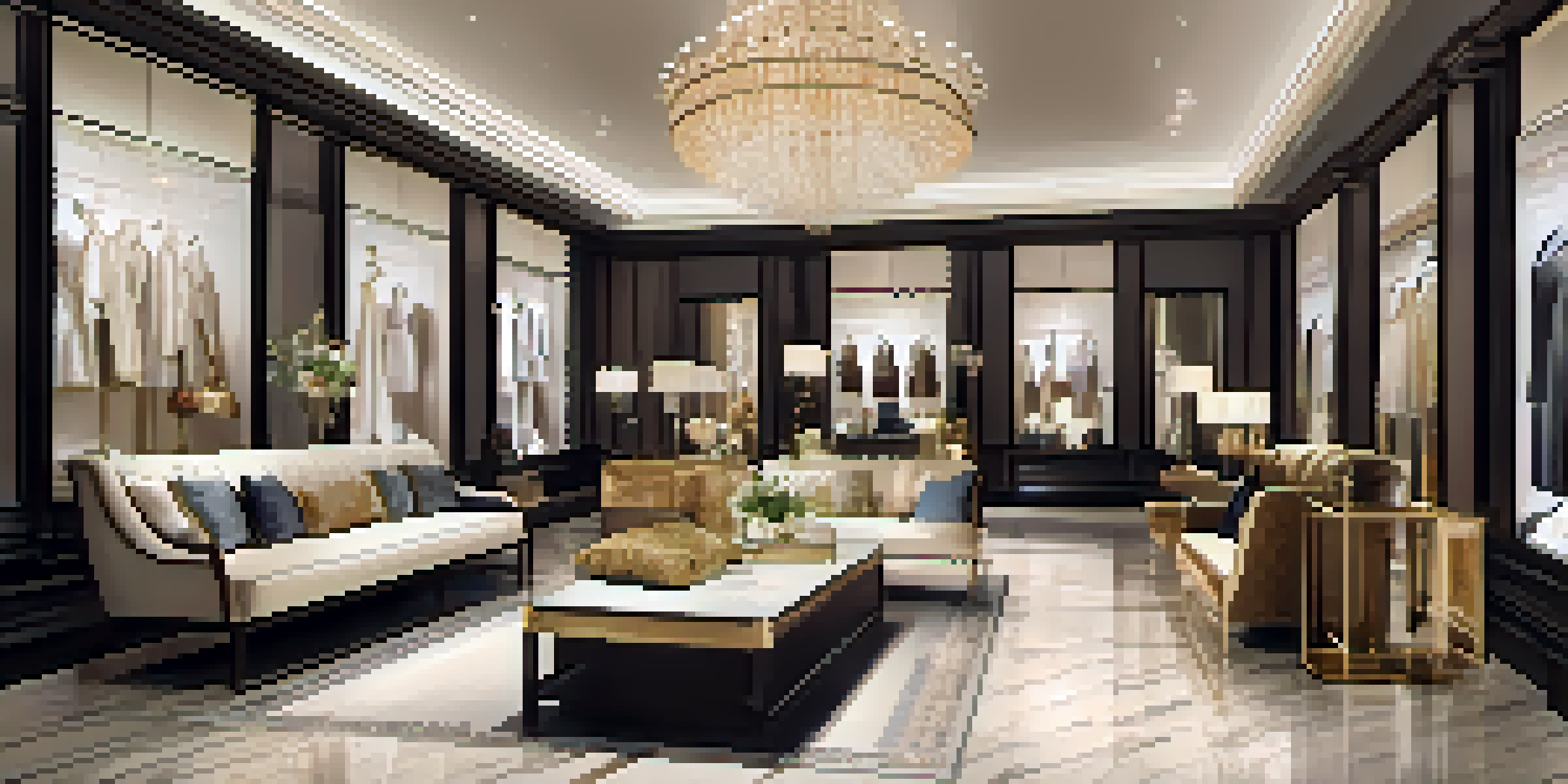 A high-end boutique interior with elegant decor, warm lighting, and stylish fashion displays.