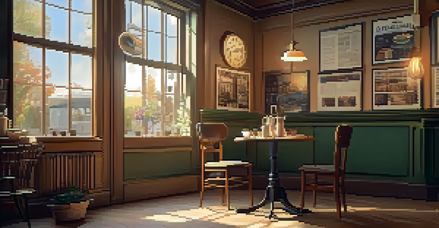 The interior of a cozy vintage café with wooden furniture, warm lighting, and retro décor, featuring a cup of coffee and an open book.