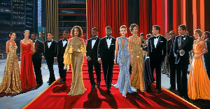 A vibrant red carpet event with celebrities wearing extravagant outfits and bright camera flashes illuminating the scene.