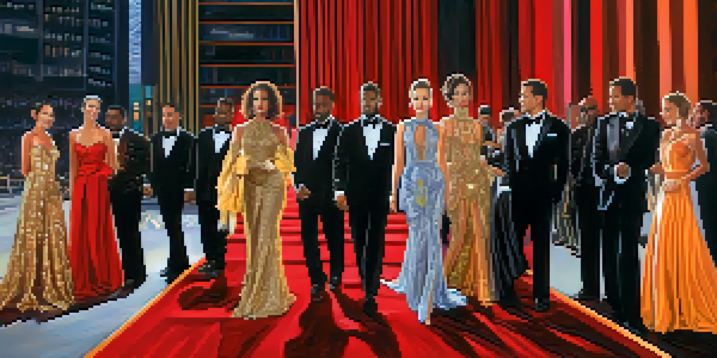 A vibrant red carpet event with celebrities wearing extravagant outfits and bright camera flashes illuminating the scene.