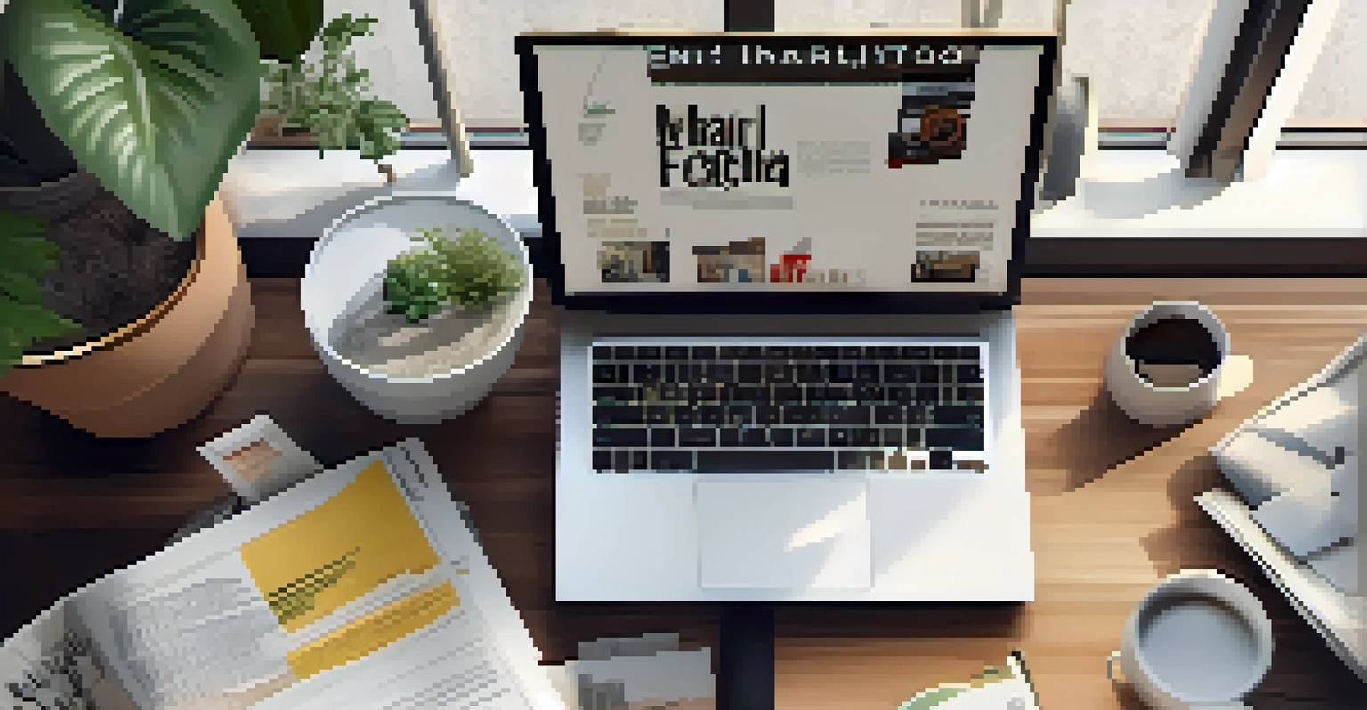 An overhead view of a workspace with a laptop, fashion magazines, and a coffee cup in natural light.