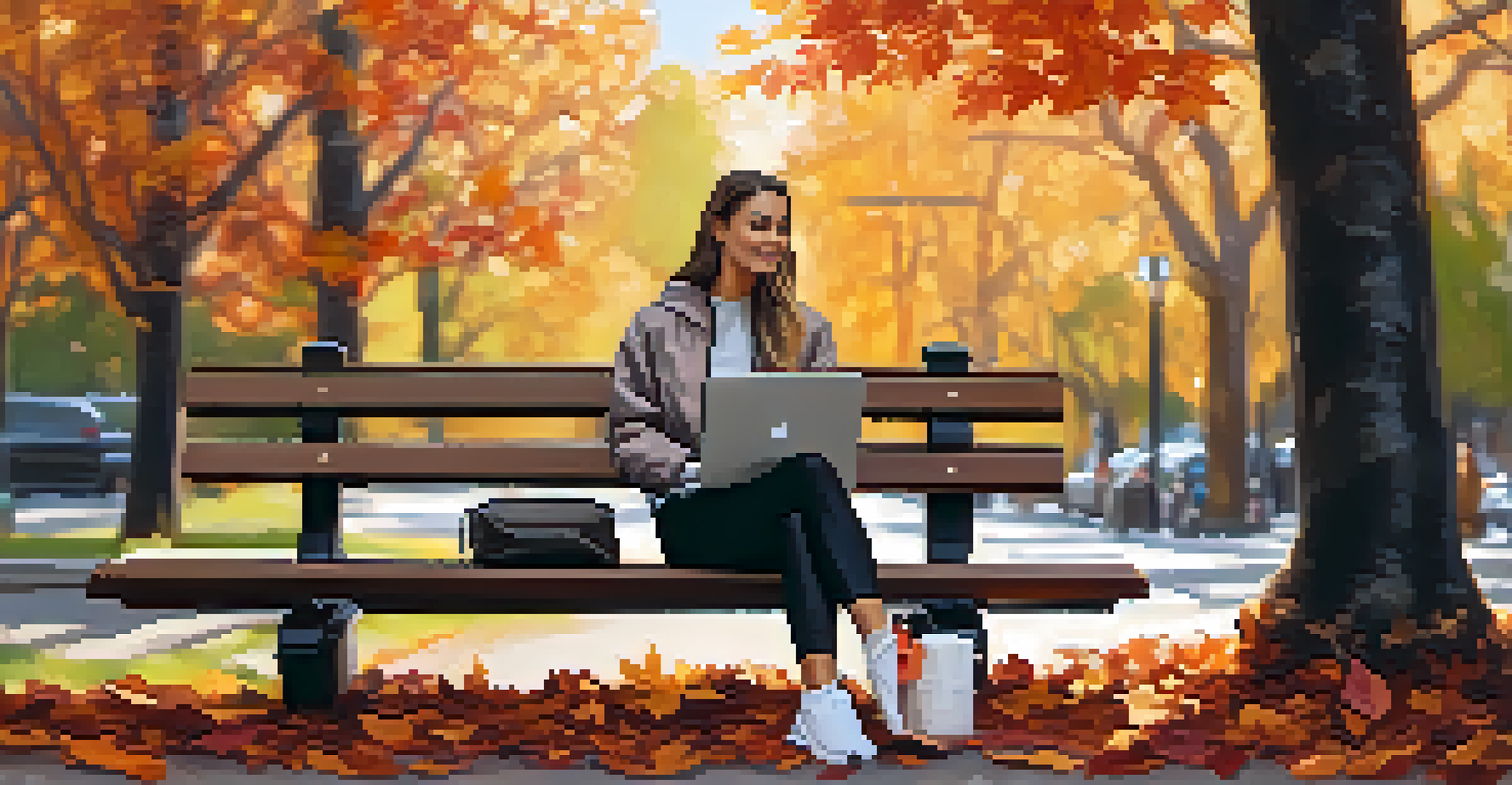 A young professional in a park wearing fashionable athleisure, sitting on a bench with coffee and a laptop bag, surrounded by autumn leaves.