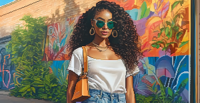 A fashion influencer in a sustainable outfit stands in front of colorful street art, holding an eco-friendly shopping bag, during golden hour.
