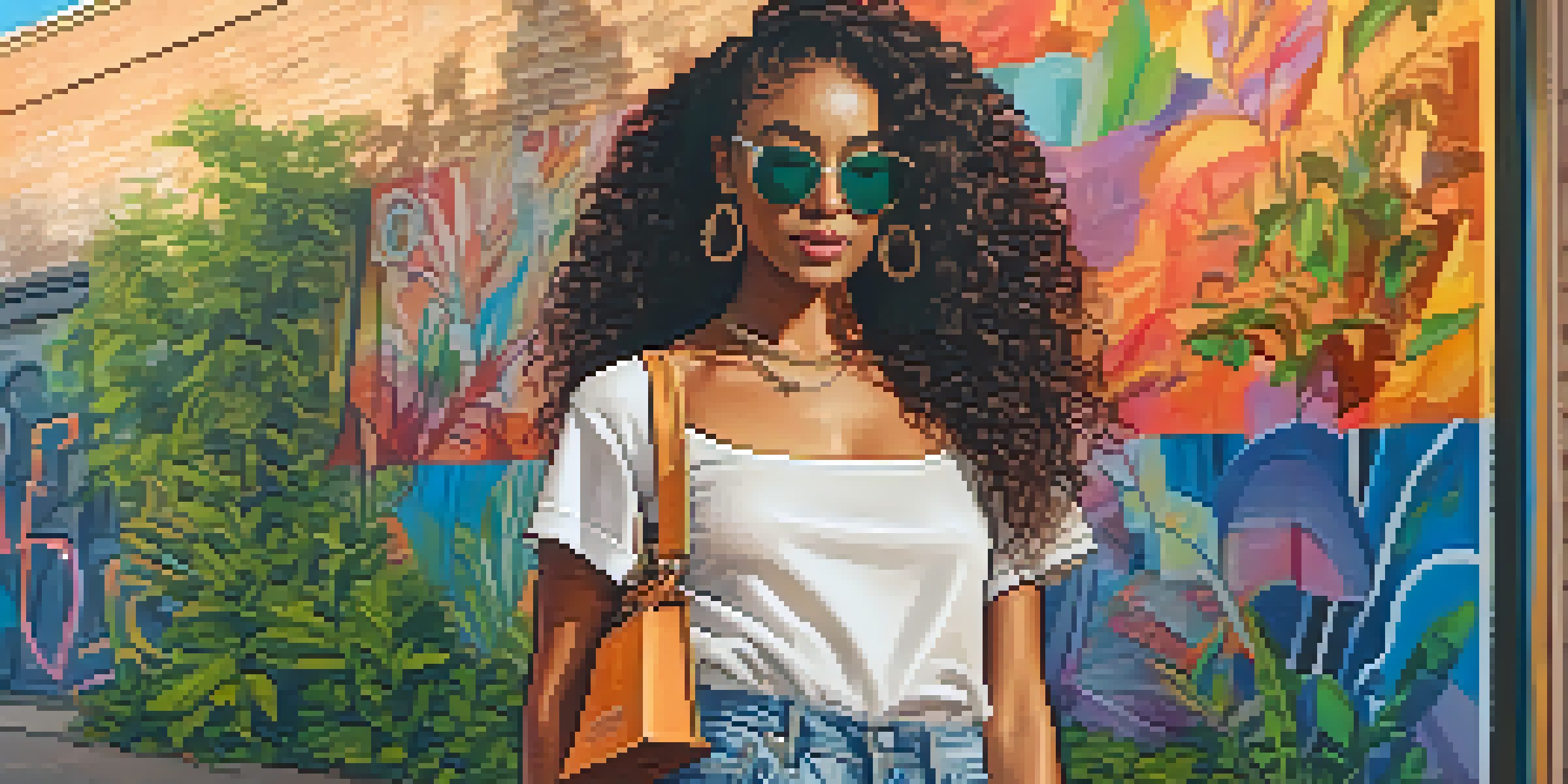 A fashion influencer in a sustainable outfit stands in front of colorful street art, holding an eco-friendly shopping bag, during golden hour.