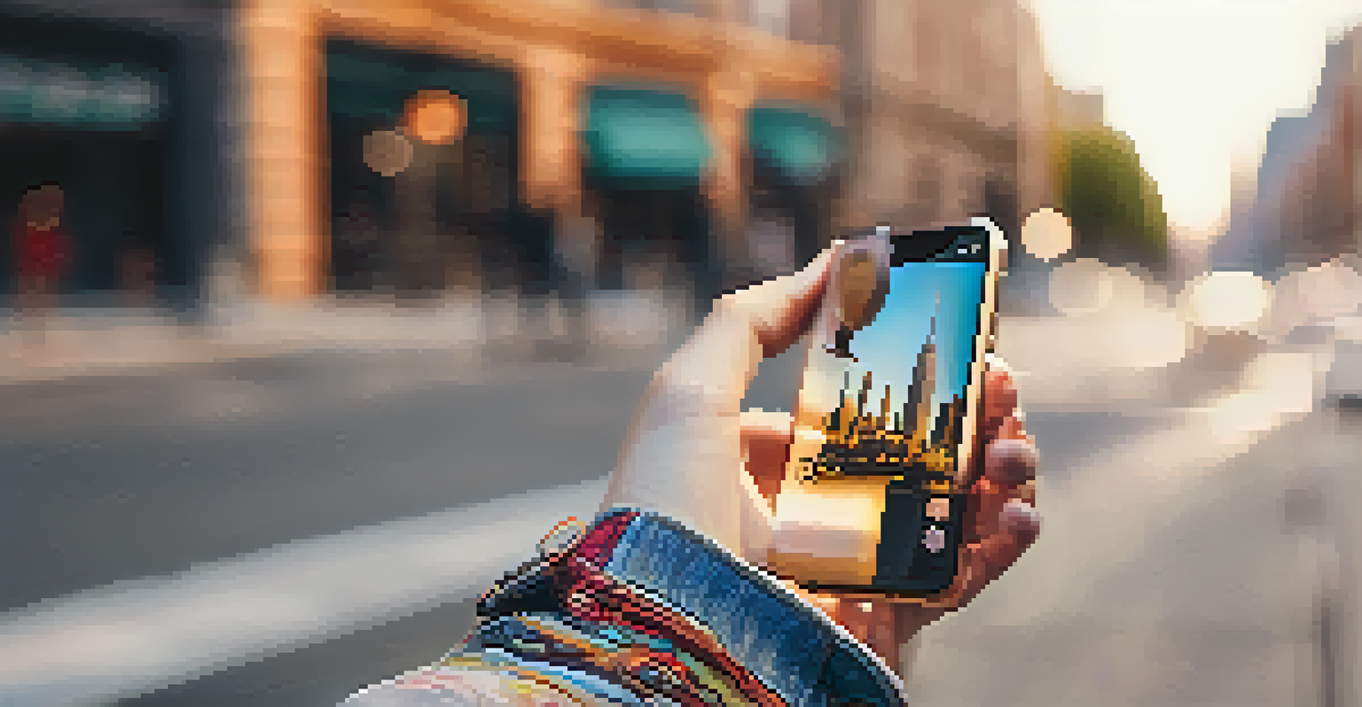 A close-up of an influencer's hand holding a smartphone in a sunlit urban setting, focusing on trendy outfit details and accessories.