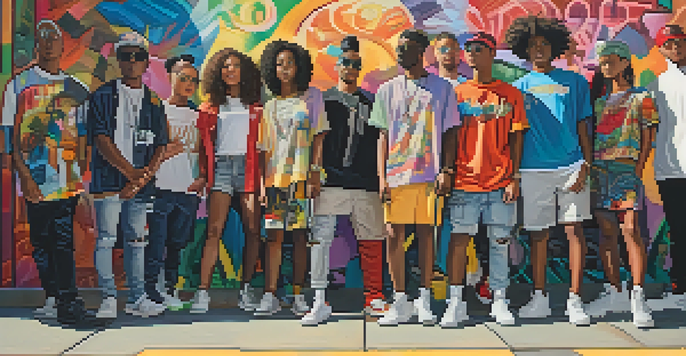 A group of diverse young people wearing fashionable streetwear in front of a colorful mural with social justice themes.