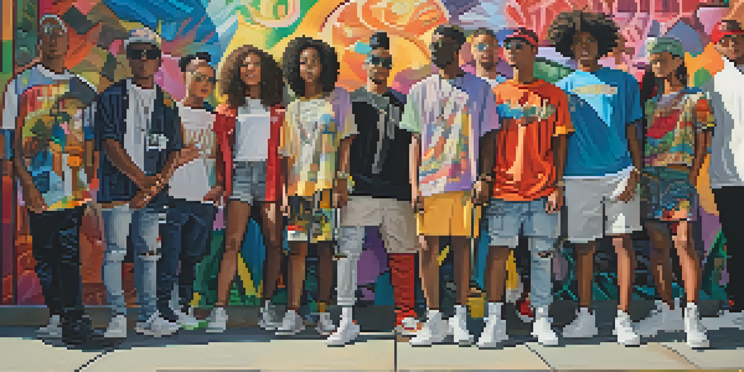 A group of diverse young people wearing fashionable streetwear in front of a colorful mural with social justice themes.