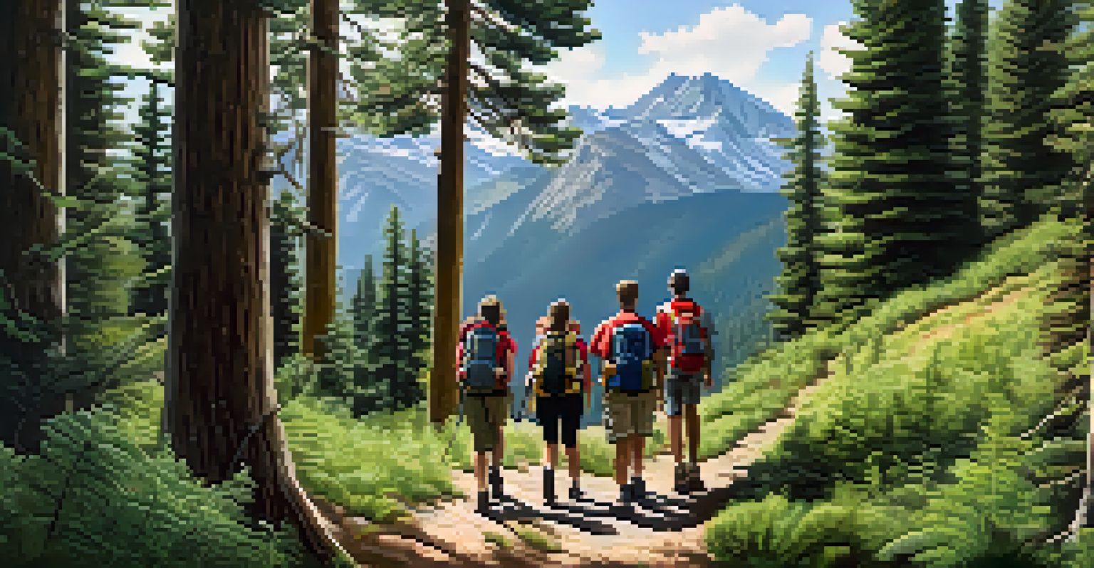 A diverse group of hikers wearing outdoor apparel, enjoying a scenic trail surrounded by nature.