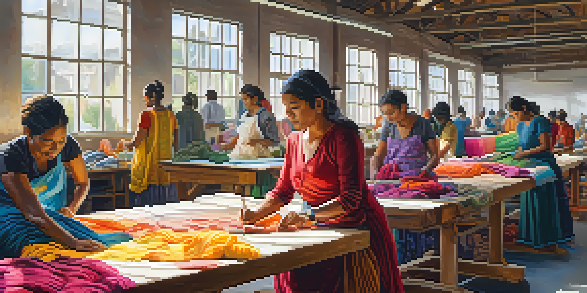 Workers from diverse backgrounds are crafting clothing in a sunny textile workshop filled with colorful fabrics.