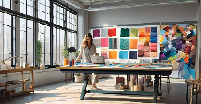 A fashion designer sketches at a large table surrounded by fabric swatches and design tools in a bright studio.