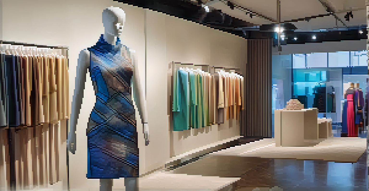 A smart textile dress on a mannequin, showcasing its color-changing feature in a fashionable boutique setting.