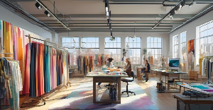 A diverse group of fashion designers working in a bright studio, with AI technology and colorful fabrics around them.