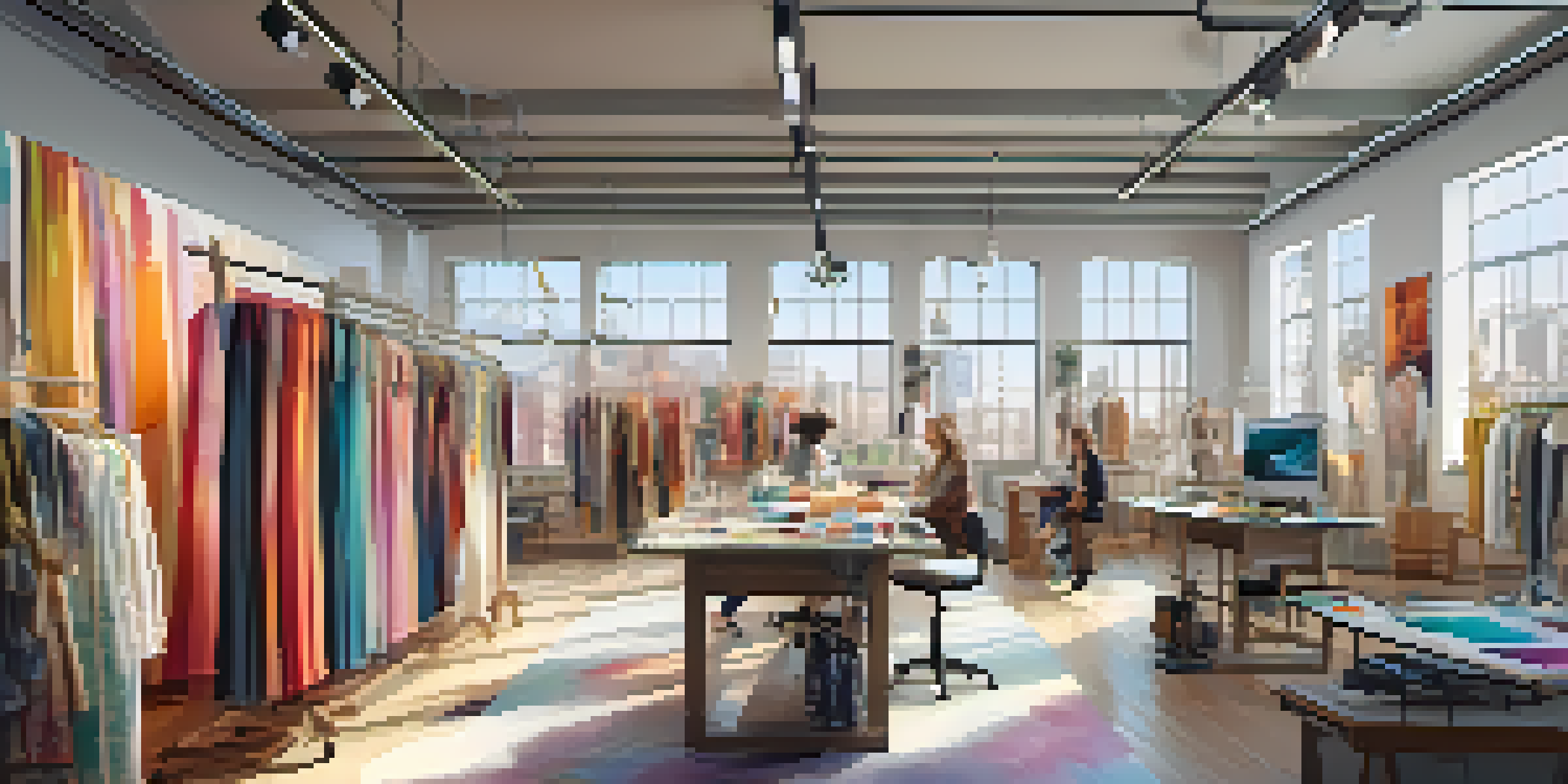 A diverse group of fashion designers working in a bright studio, with AI technology and colorful fabrics around them.