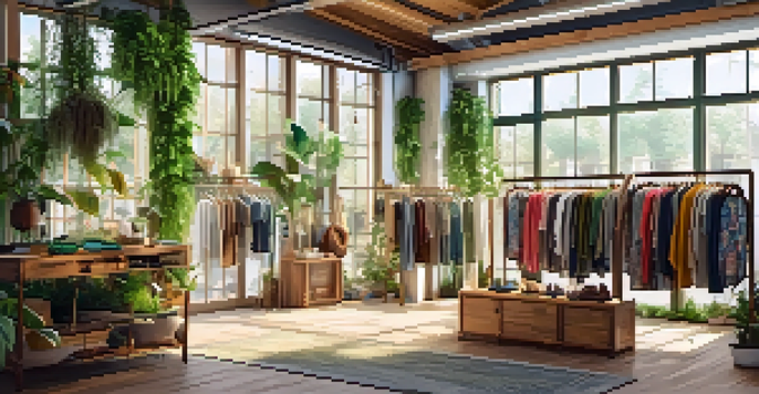 An eco-friendly fashion store showcasing sustainable clothing, with natural decor and sunlight illuminating the space.