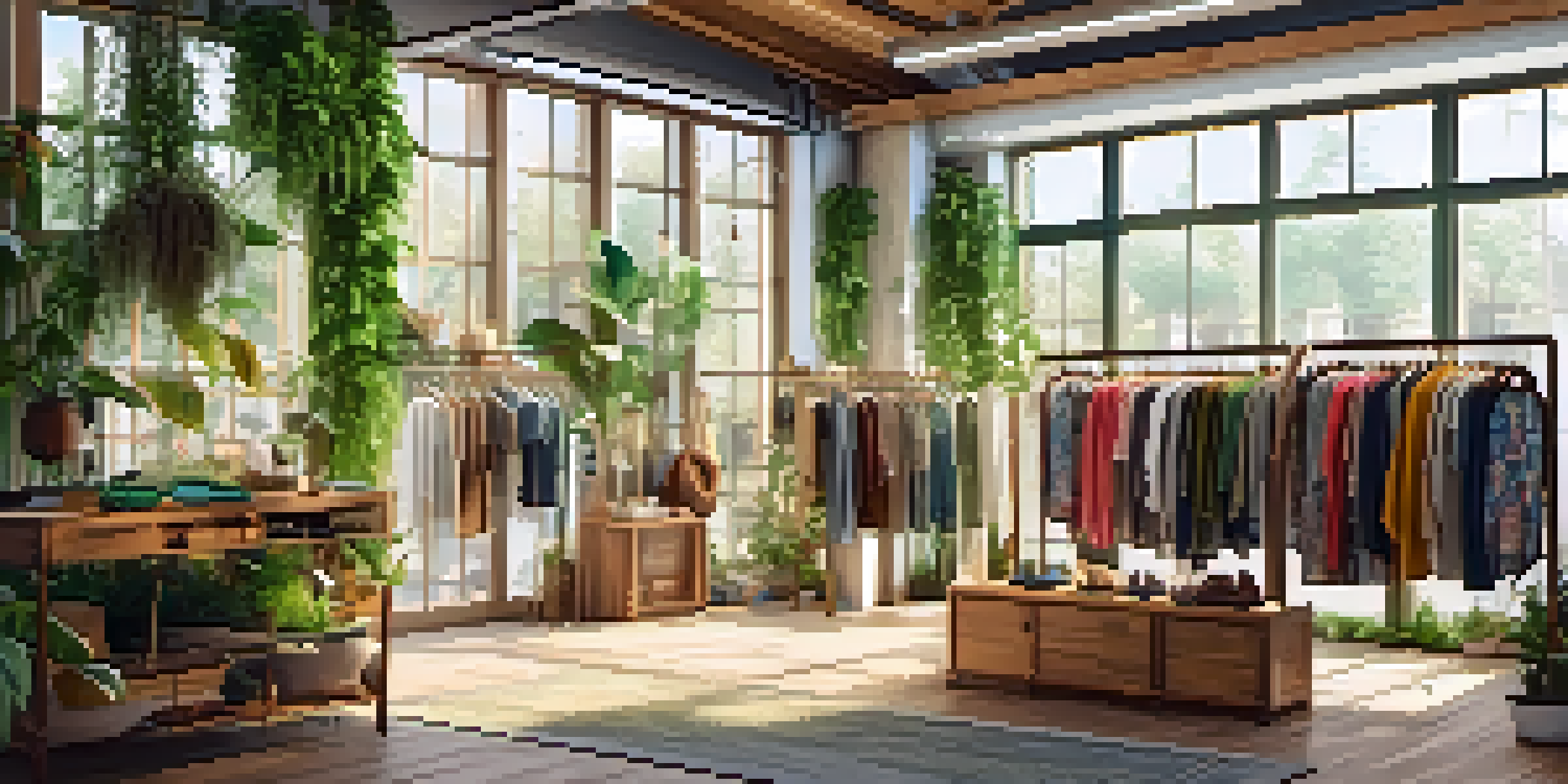 An eco-friendly fashion store showcasing sustainable clothing, with natural decor and sunlight illuminating the space.