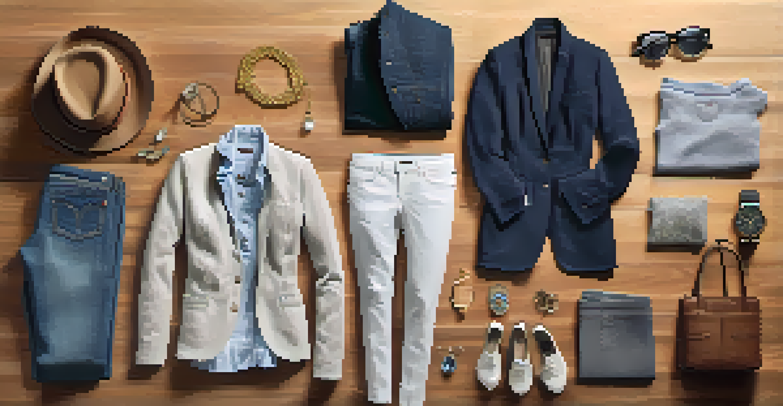 A flat lay of versatile wardrobe basics and accessories arranged on a wooden surface.