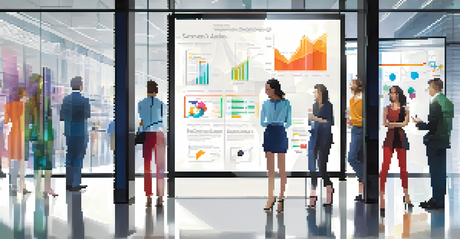 A digital screen showing fashion data analytics with graphs and charts, set in a modern office environment with team members reflected in the background.
