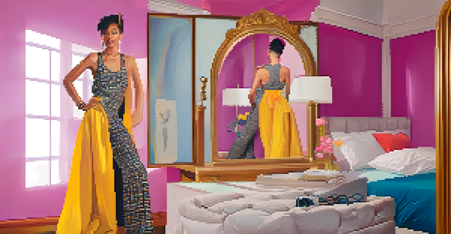A gender fluid individual confidently posing in front of a mirror, wearing a unique outfit in a stylish bedroom setting.