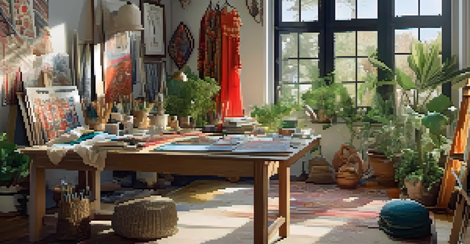 A designer's workspace with colorful fabrics and sketches, illuminated by natural light.