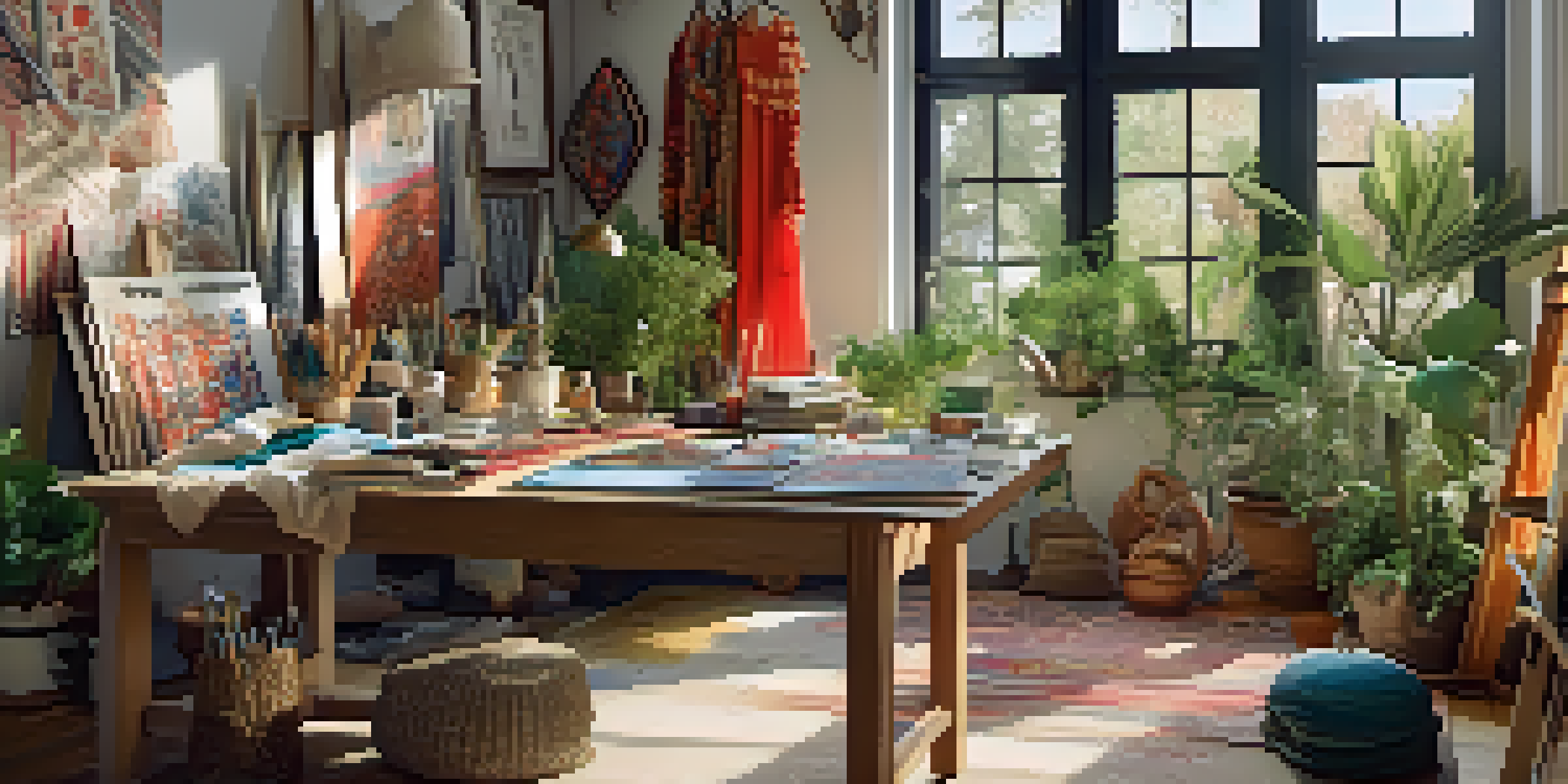 A designer's workspace with colorful fabrics and sketches, illuminated by natural light.