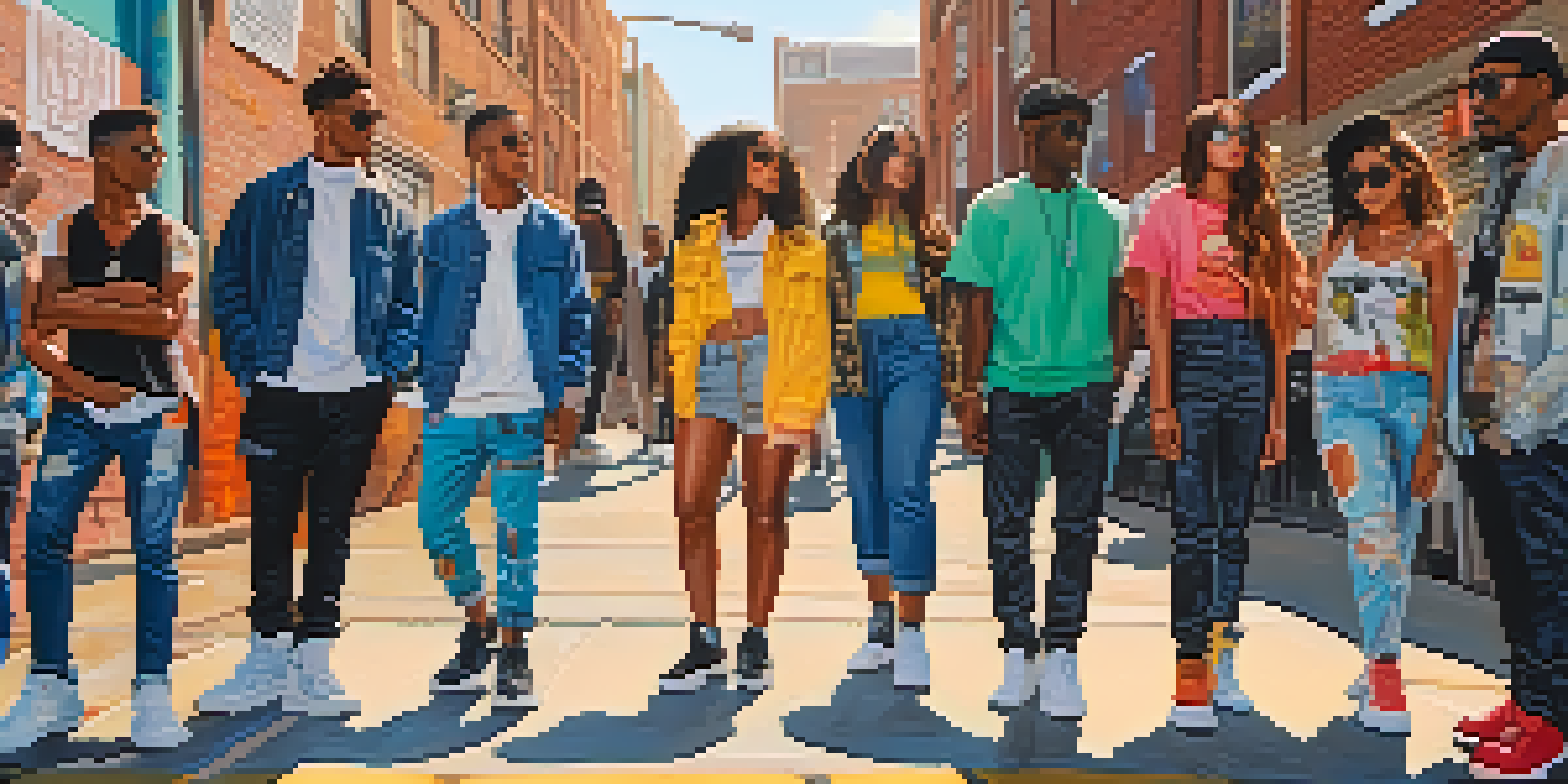A lively street scene with diverse young people wearing colorful streetwear inspired by celebrities, with warm sunlight and graffiti in the background.